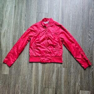 Nori Womens Red Nylon Bomber Jacket Mock Neck Full Zip Mesh Lined Size Medium